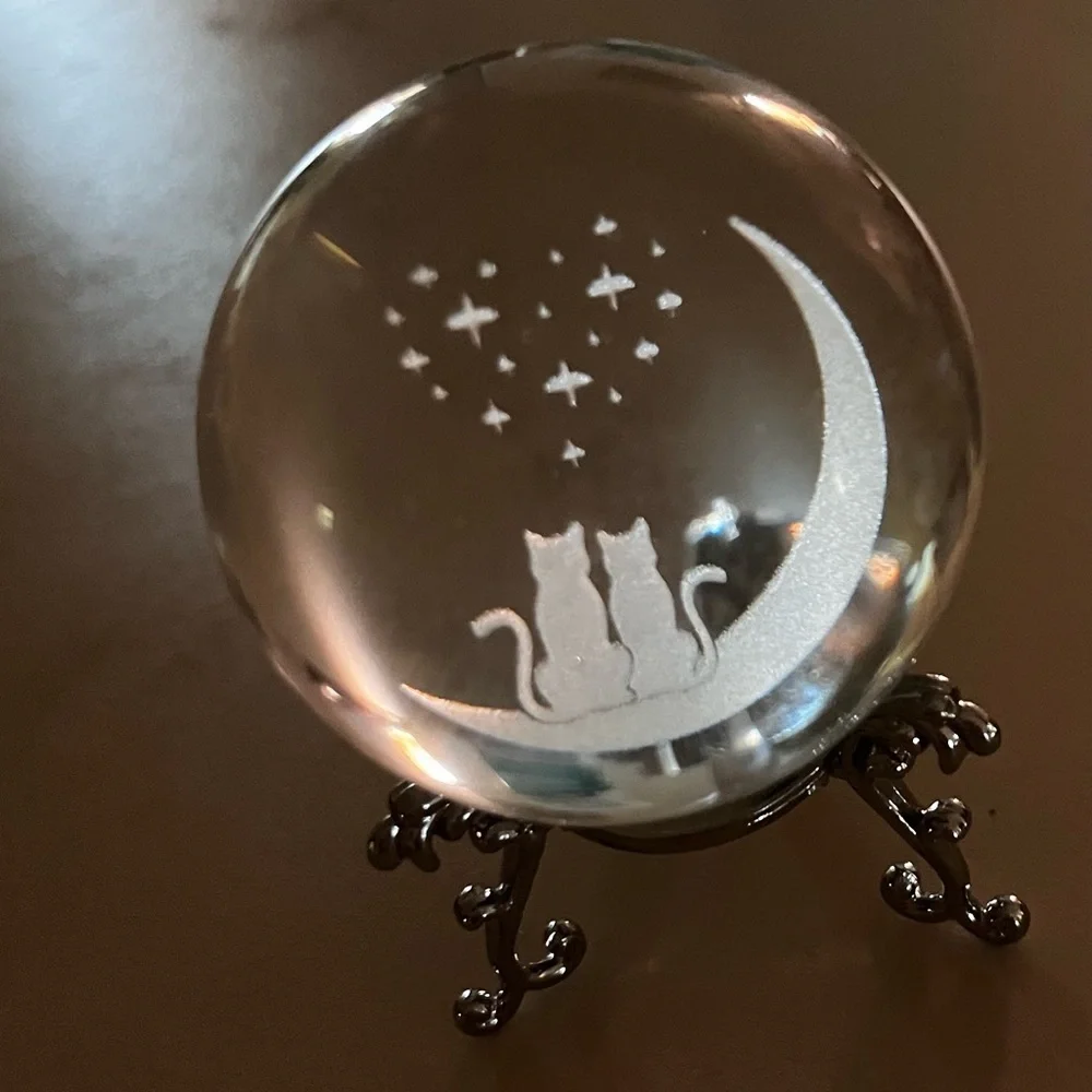Crystal Ball With Two Cats On Moon Heart Stars With Stand